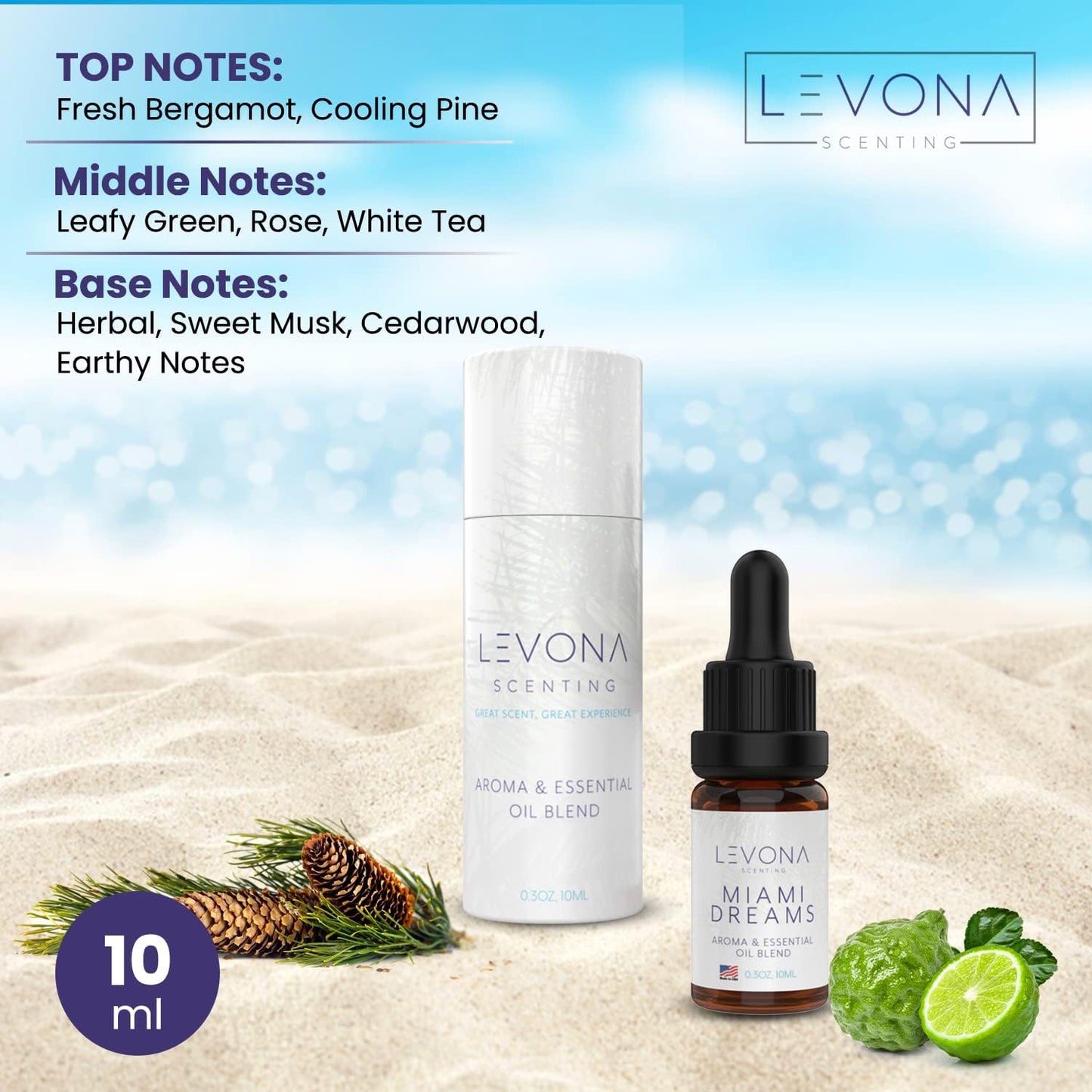 Levona Scent Essential Oils for Diffusers for Home: Miami Dreams Hotel & Home Luxury Scents Fragrance - Aroma Oil with Notes of Bergamot Oil & Pine Essential Oil -10 Ml Scented Oils for Diffuser