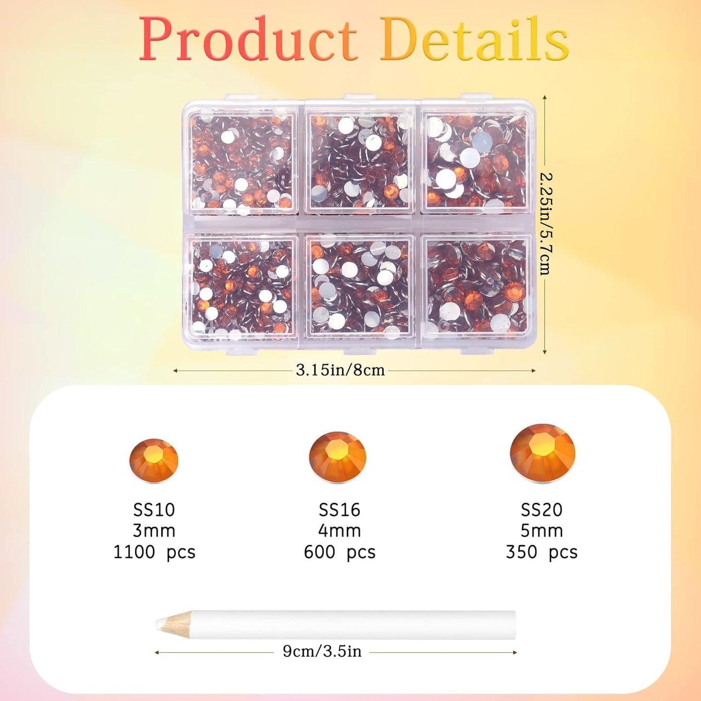 Multi Size 3mm 4mm 5mm Rhinestones Set for Nails Crafts Orange Non Hotfix Rhinestones Nail Gems Rhinestone Round Flat Back Resin Rhinestone for Makeup Clothes Shoes Eyes Bottles Crafts