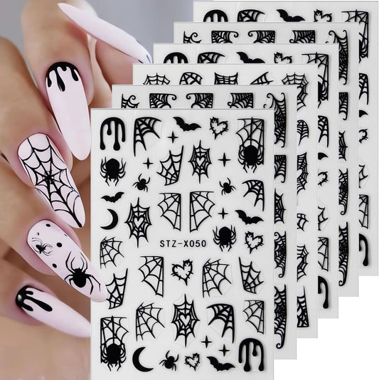 6Pcs Halloween Nail Stickers Spider Web Nail Decals DIY Self Adhesive Cobweb Nail Design Halloween Nail Decoration Supplies Holiday Manicure Accessories for Women