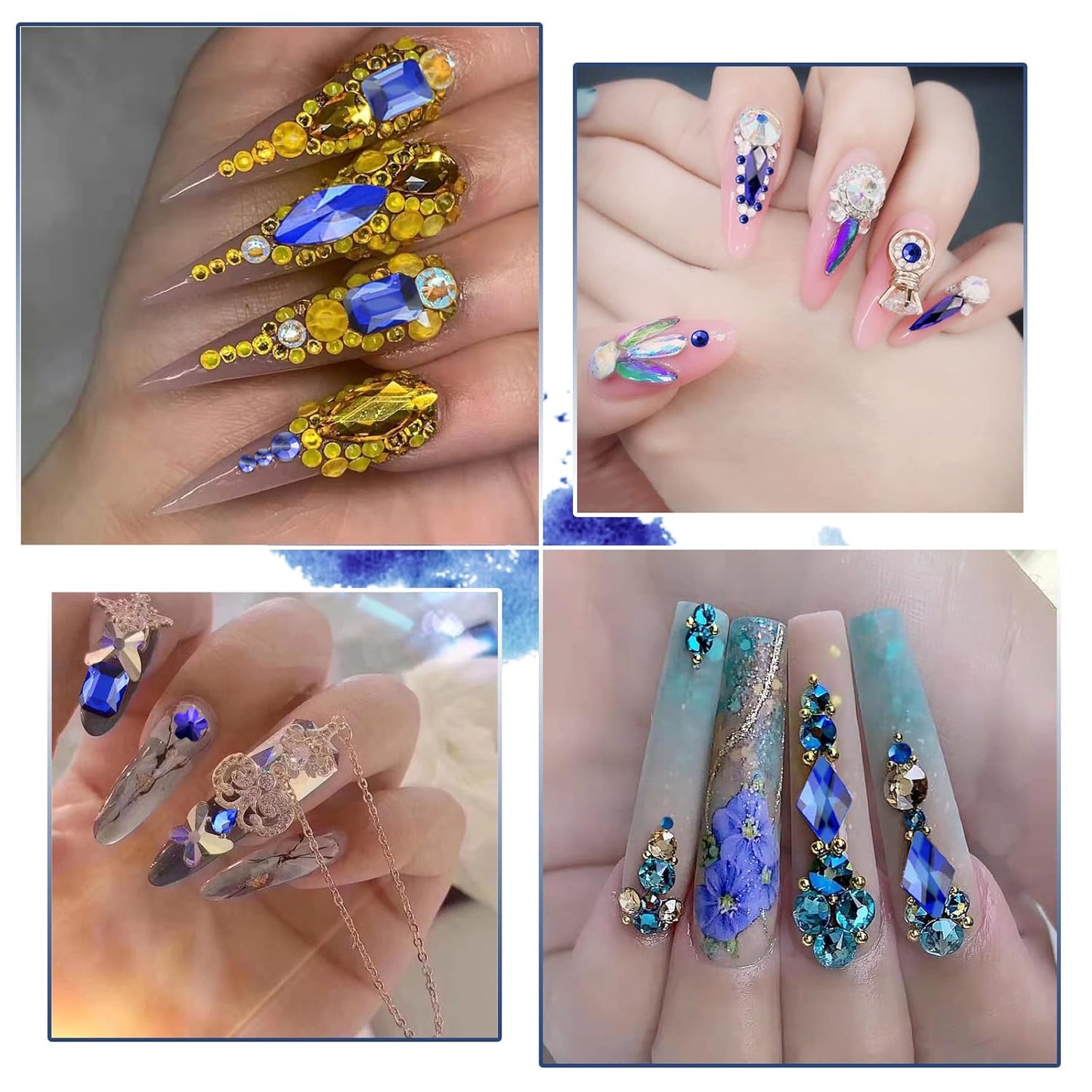 3100Pcs Flat Back Rhinestones for Nails, HOINCO Blue Rhinestones for Nails, Mix 20 Styles Flatback Rhinestone/Gems, 600 Diamonds + 2500 Round Rhinestones Beads for Nail Crafts with Tweezers Pen