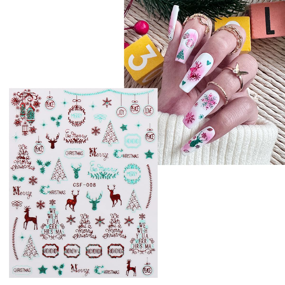 JMEOWIO 9 Sheets Christmas Glitter Nail Art Stickers Decals Self-Adhesive Green Red Snowflake Winter Holiday Nail Supplies Nail Art Design Decoration Accessories