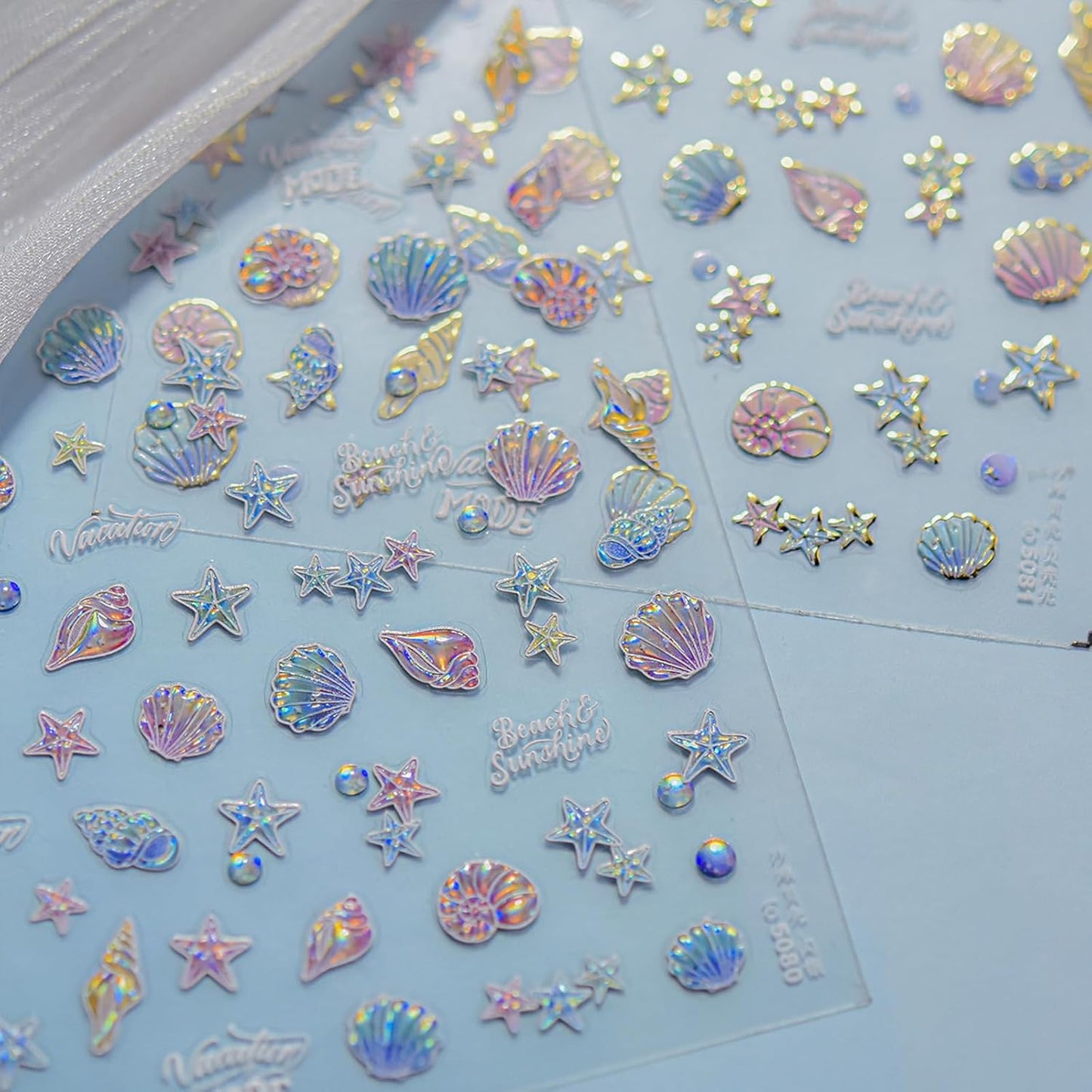 1 Sheet Starfish Nail Art Stickers Holographic Laser Summer Nail Stickers 5D Embossed Self-Adhesive Ocean Nail Decals Conch Seashell Beach Nails Design Nail Supplies for Women Acrylic Nail Decorations