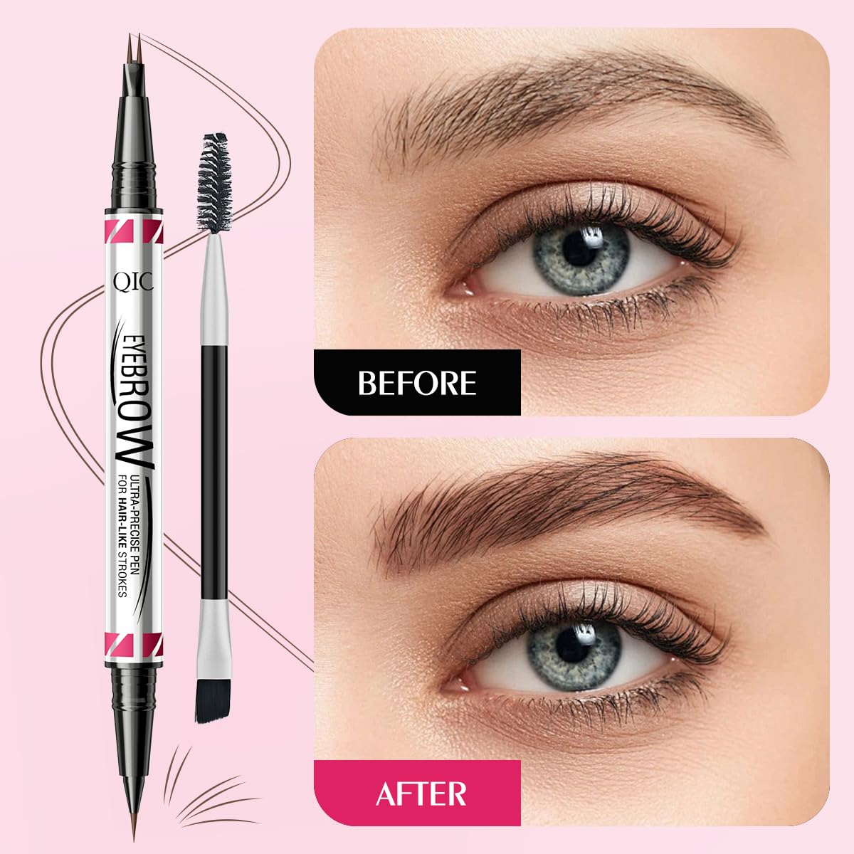 Eyebrow Pencils for Women, 2-in-1 Dual-Ended Microblading Eyebrow Pencil Waterproof with 2 Fork Tip and Spoolie Brush for Hair-Like Natural Brows Eyebrow pen, Non-Dry, Last All-Day (Brown)