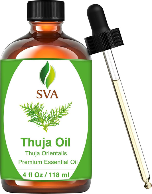 SVA Thuja Essential Oil – 4 Fl Oz – 100% Natural Thuja Oil - for Diffuser, Hair Care, Face, Skin Care, Aromatherapy, Scalp and Body Massage, Soap and Candle Making – with Dropper