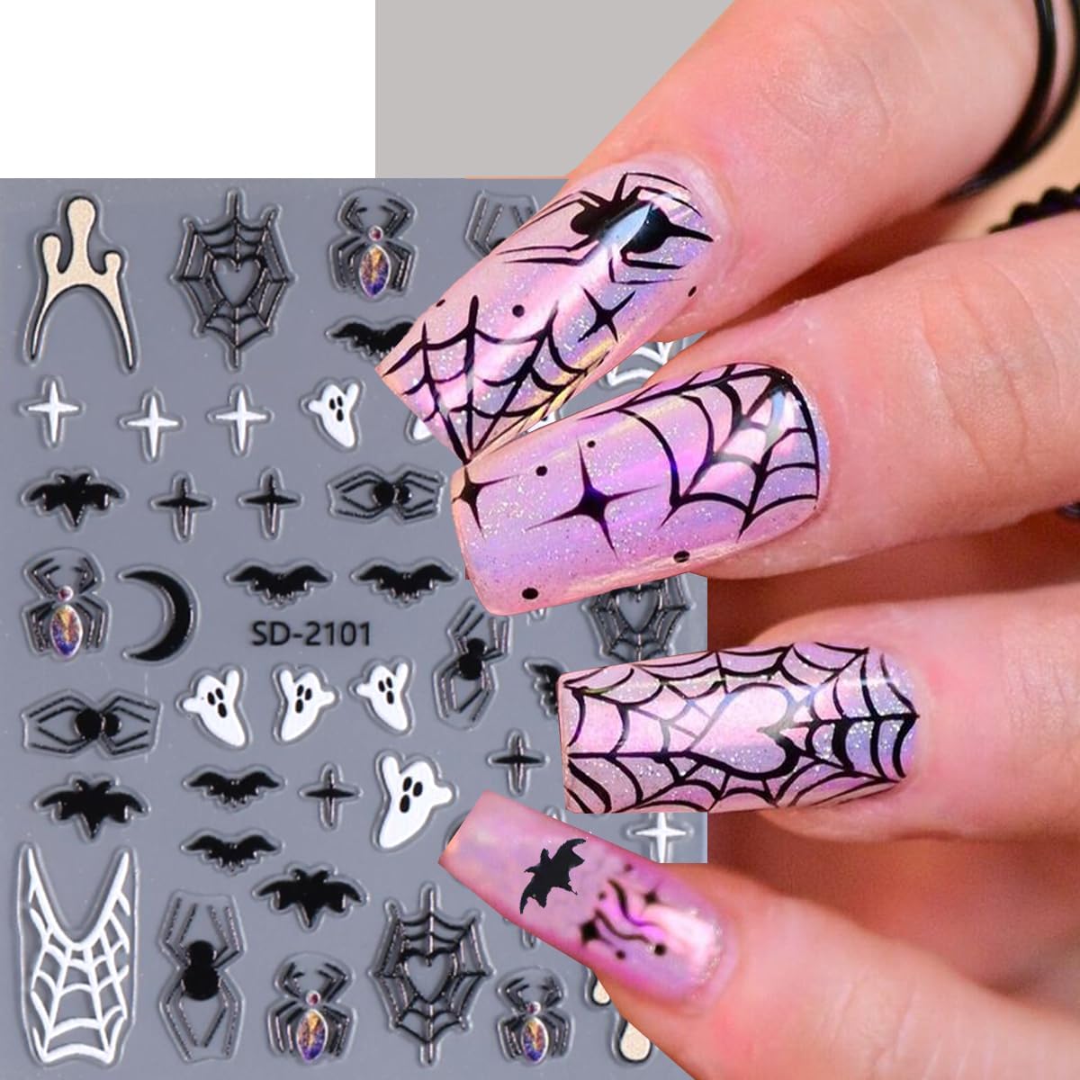 4 Sheets Halloween Nail Stickers Spider Nail Decals Bat Nail Art Stickers Spider Web White Ghost Black Heart Design Star Moon Nail Sticker for Nail Art Decor Scared Manicure Accessories for Women