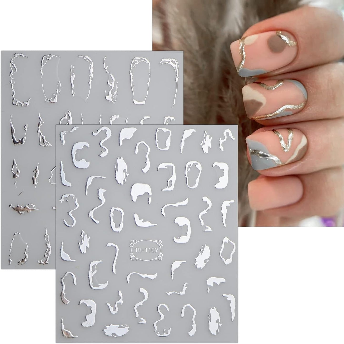 JMEOWIO 9 Sheets Marble Line Nail Art Stickers Decals Self-Adhesive Pegatinas Uñas Silver Nail Supplies Nail Art Design Decoration Accessories