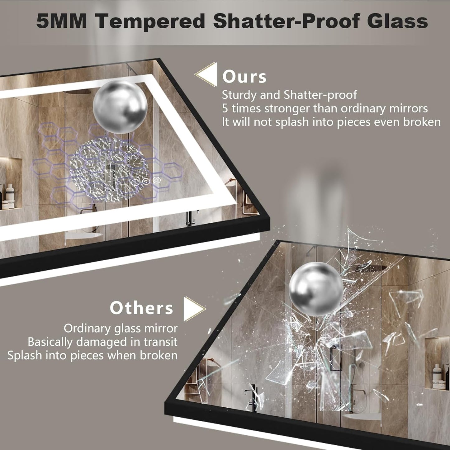 OKPAL 68x40 Black LED Bathroom Mirror with Lights, Frontlit & Backlit LED Mirror for Bathroom, Lighted Bathroom Vanity Mirror, Anti-Fog, Dimmable 3 Colors, Shatterproof, Horizontal/Vertical