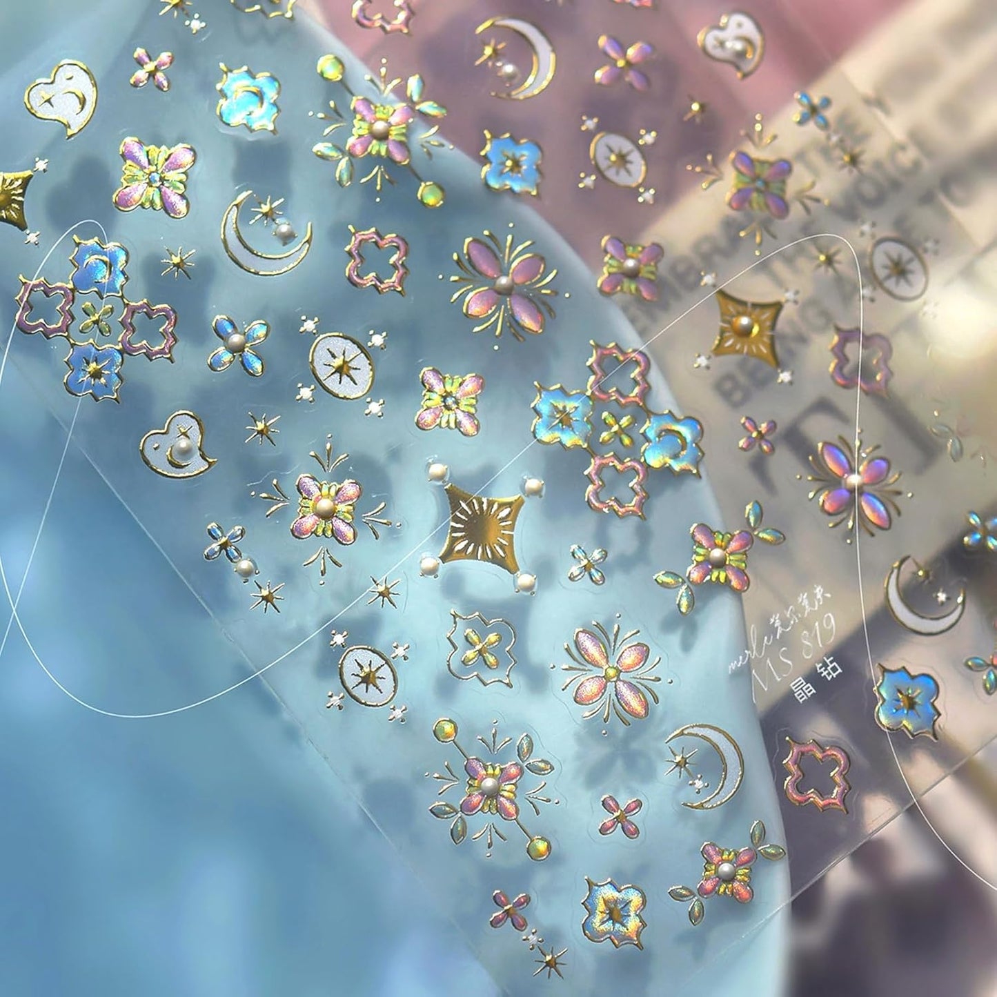 1Pcs Gold Nail Stickers 5D Sun Moon Heart Nail Decals Bohemian Style Nail Art Stickers Embossed Self-Adhesive Sun Moon Nail Decals Bohemia Flower Nails Designs Nails Decoration for Women Nail Supplies