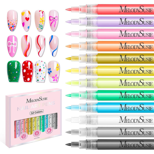 MelodySusie Nail Art Pens Set, 12 Colors 0.7MM Nail Polish Pens for Nail Art, Nail Dotting Tool, Acrylic Paint Markers, Drawing Pen for Nail Design, Manicure Nail Pens for Salon and DIY at Home