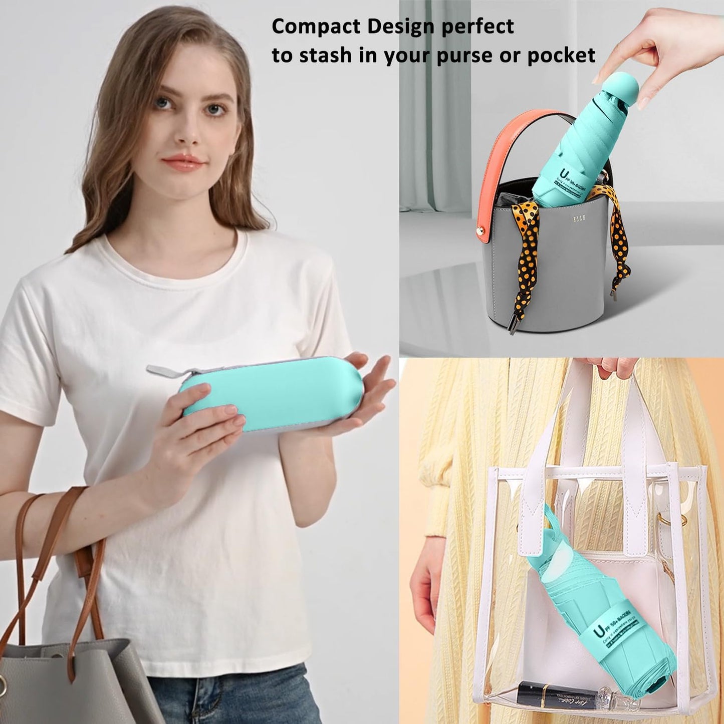 BAODINI Travel Essentials Mini Umbrella for Purse With Case Small Compact UV Sun Protection Lightweight Tiny Pocket Manual Open Close Umbrella for Women Kids and Men Fit Purse Backpack