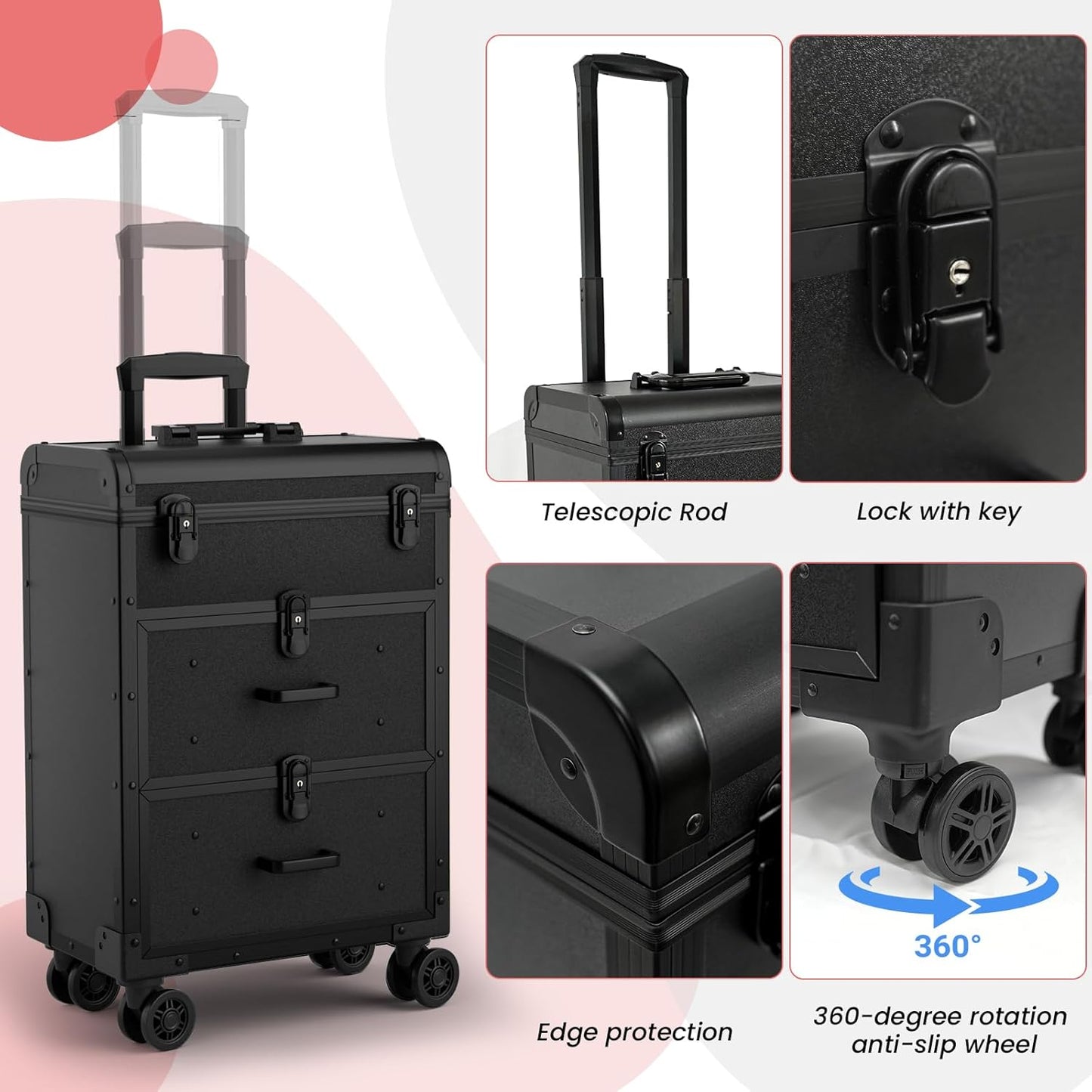 Large Rolling Makeup Train Case, Professional Travel Cosmetology Case on Wheels with Drawers, 3 Tiers Nail Organizers Storage Case for Nail Tech, Tattoo, Hairstylist, Makeup, Large