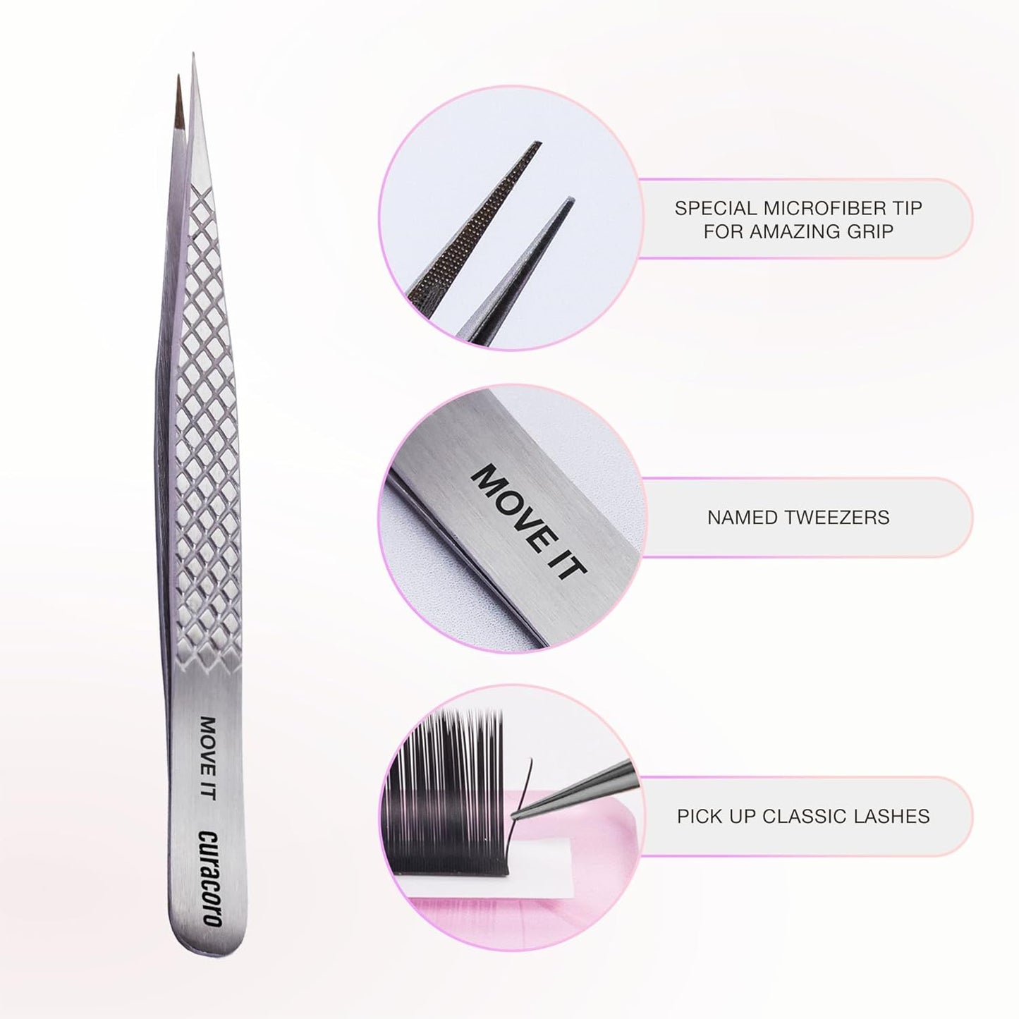 Curacoro Lash Tweezer - Professional & Precision Fiber Tip Grip Lash Tweezers for Eyelash Extensions, Multi Shapes & Purposes Tweezers for Volume, Isolation & Classic Lashes (Silver, Move It)