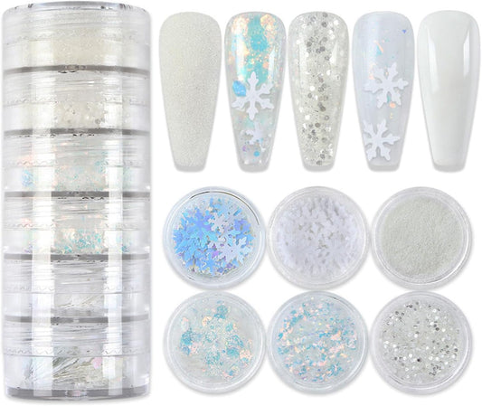 Snowflake Nail Art Glitter White Blue Winter Nail Sequins Flakes, White Manicure fine Glitter Powder, 3D Holographic Round Hexagon Nail Stickers Decals Supplies Nail Charms for Women 6 Box