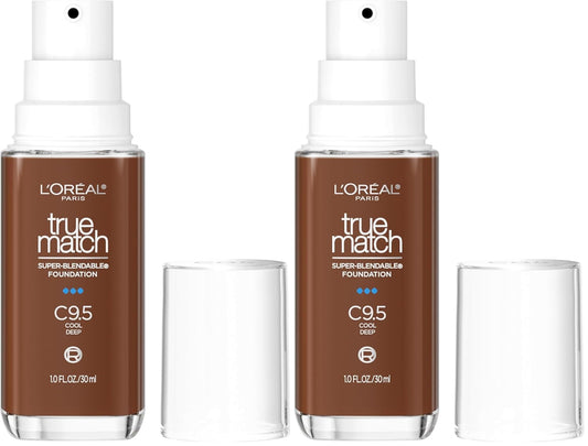 L'Oréal Paris True Match Super-Blendable Foundation, Medium Coverage Liquid Foundation Makeup with SPF 17, C9.5, Deep, 1 Fl Oz (Pack of 2)