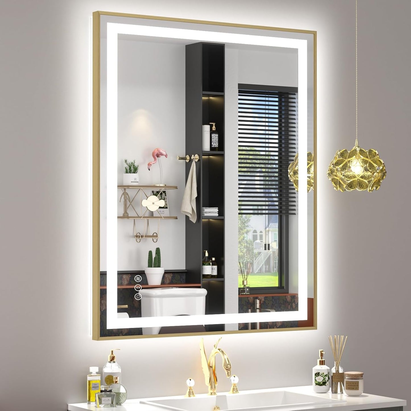 OKPAL 30x36 Gold LED Bathroom Mirror with Lights, Frontlit & Backlit Metal Framed Mirror, Lighted Bathroom Vanity Mirror, Anti-Fog, Dimmable 3 Colors, Shatterproof, Horizontal/Vertical