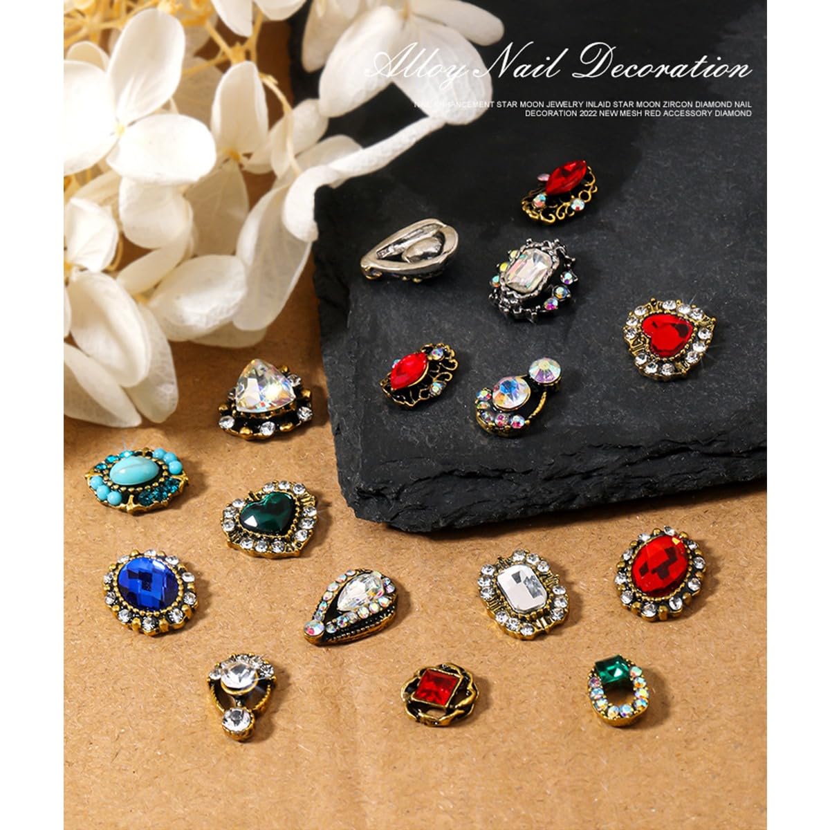 24 Pcs Retro Gold Nail Charms, qiipii 12 Pair 3D Alloy Luxury Nail Gems Elegant Heart Retro Rhinestones for Nails Golden Nail Crystals Diamonds Stones, Nail Art Supplies for Nails Decoration Crafts