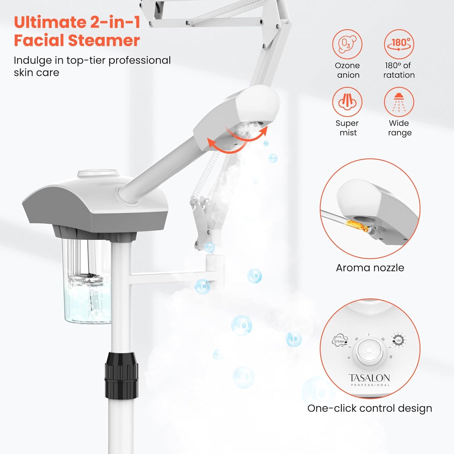 TASALON Professional Facial Steamer with 5X Magnifying Lamp, 2-in-1 Esthetician Steamer on Wheels with Ozone and Hot Mist, Ionic Facial Steamer for Facial Deep Cleaning and Moisturize
