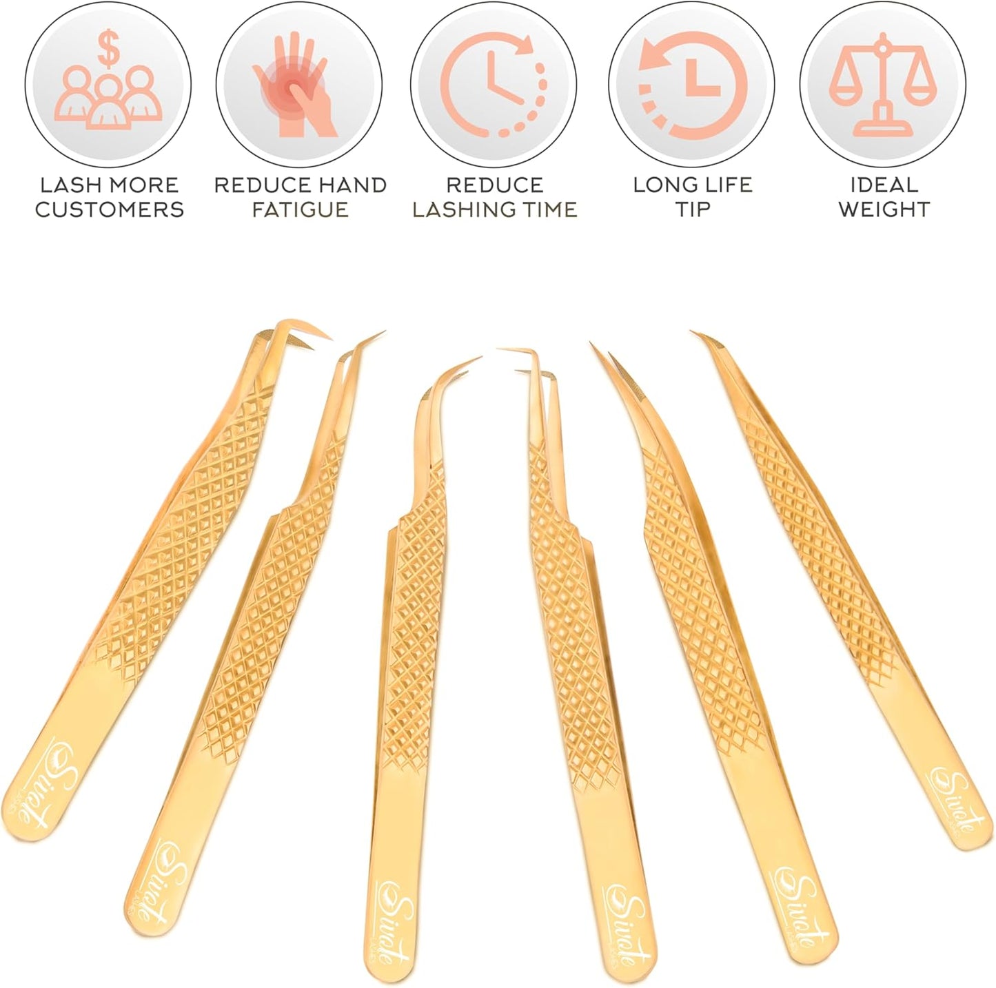 SIVOTE Eyelash Extension Tweezers Fiber Tips Japanese Steel, Set of 6, Curved, Dolphin, 90 Degree 45 Degree, Volume Boot & Slight Curved Tweezer, Gold