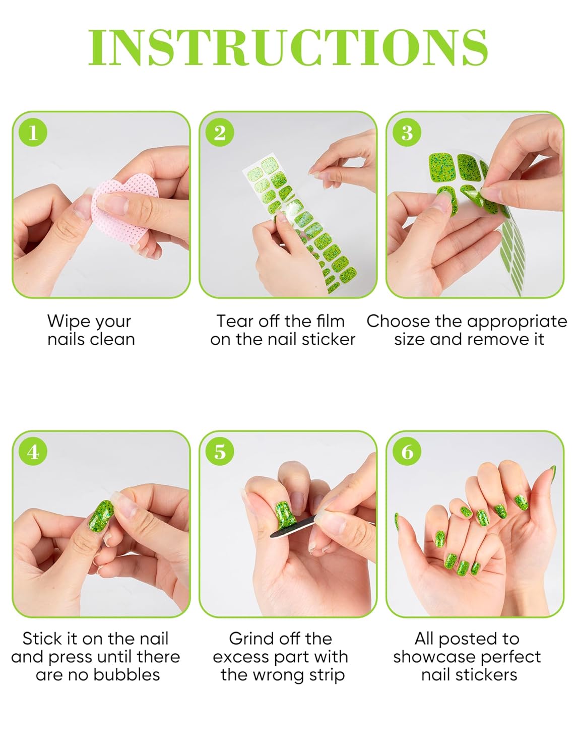 48 Pcs No UV Light Needed Self-Adhesive Semi Cured Stick on Nail Polish Strips, Gel Nail Art Design Stickers Wraps for Women with Nail Files (Green)(Green)