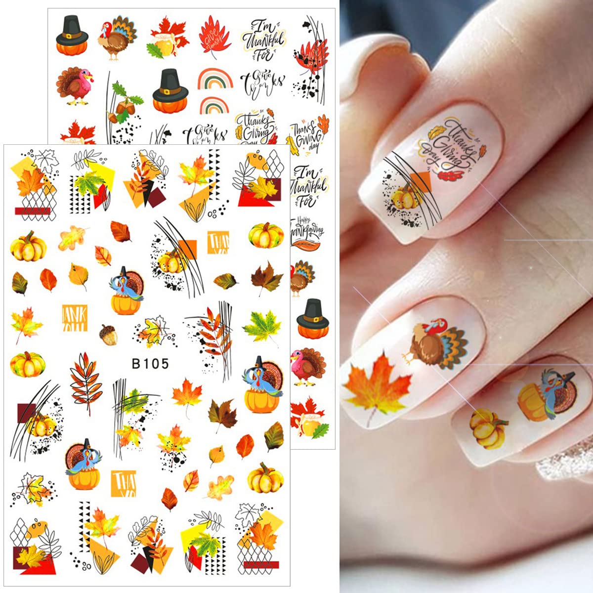 12 Sheets Fall Nail Art Stickers 3D Autumn Leaves Nail Decals Self-Adhesive Thanksgiving Nail Art Accessories Foils Maple Leaf Pumpkin Turkey Nail Designs for Women Girls DIY Manicure Decoration