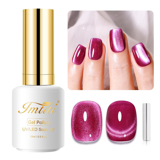 Imtiti Cat Eye Gel Nail Polish, 15ml Rose Red Holographic Crystal Diamond Cat Eyes Glitter UV Soak Off Gel Nail Polish with Magnetic Stick for Nail Art 1Pcs