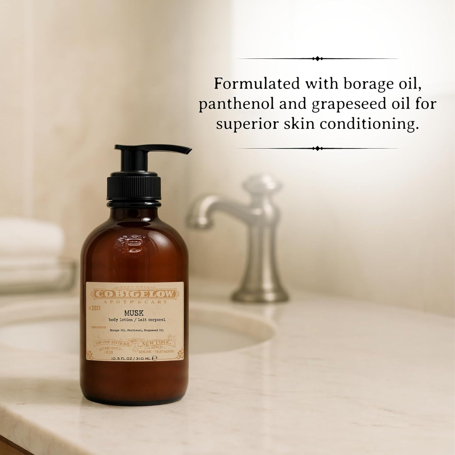 C.O. Bigelow Musk Body Lotion, Iconic Collection Moisturizing Body Lotion with Shea Butter, Borage Oil & Grapeseed Oil, 10.5 Fl Oz