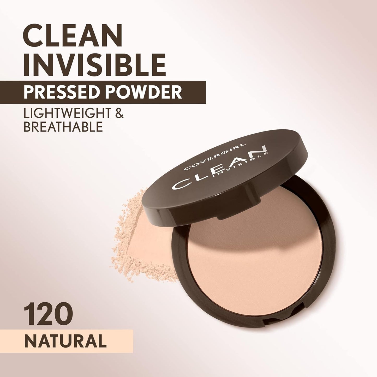 Covergirl Clean Invisible Pressed Powder, Lightweight, Breathable, Vegan Formula, Creamy Natural 120, 0.38oz (Pack of 2)