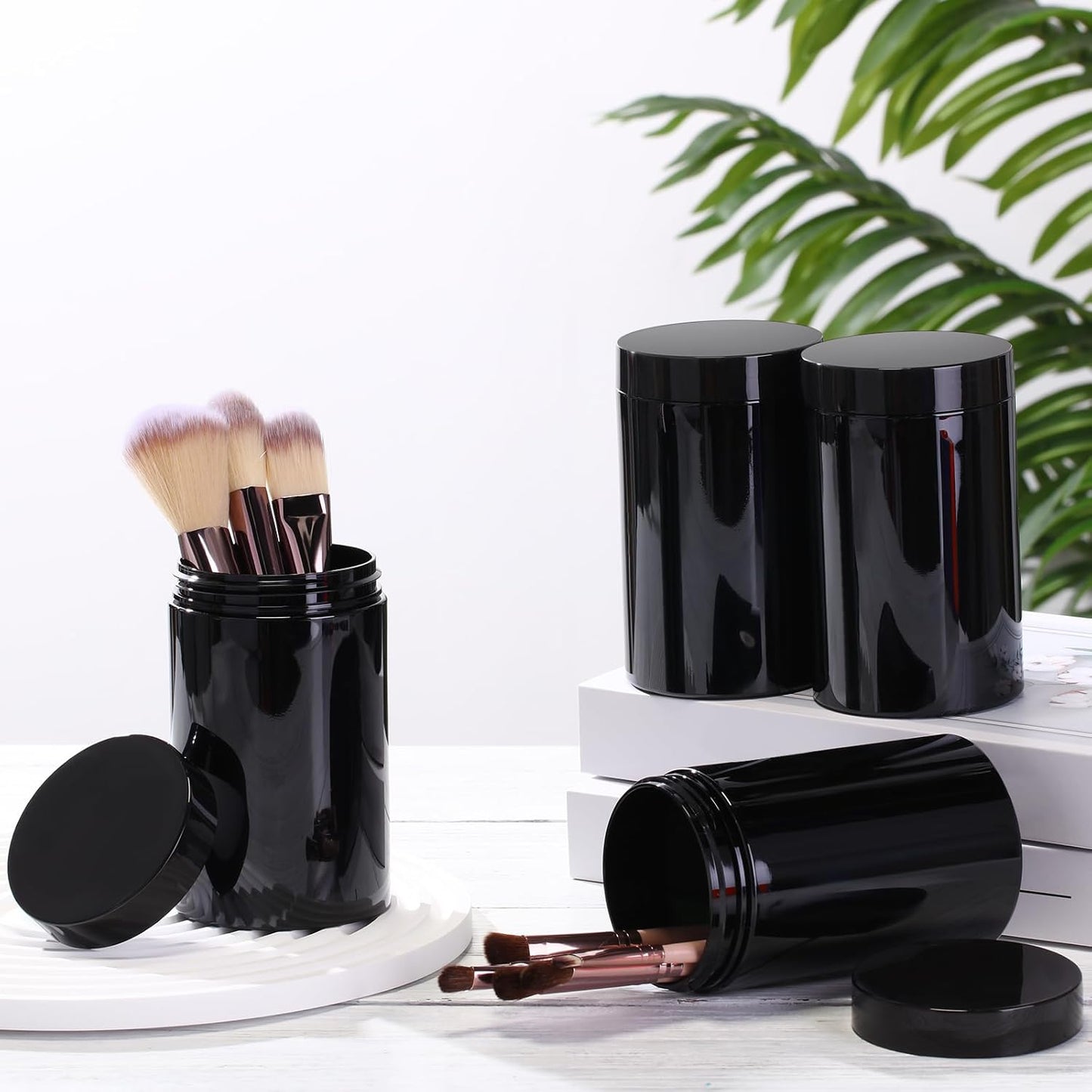 SATINIOR 24 Pieces Empty Clear Plastic Jars with Lids Round Storage Containers Wide Mouth for Beauty Product Cosmetic Cream Lotion Liquid Butter Craft and Food(Black,12 oz)