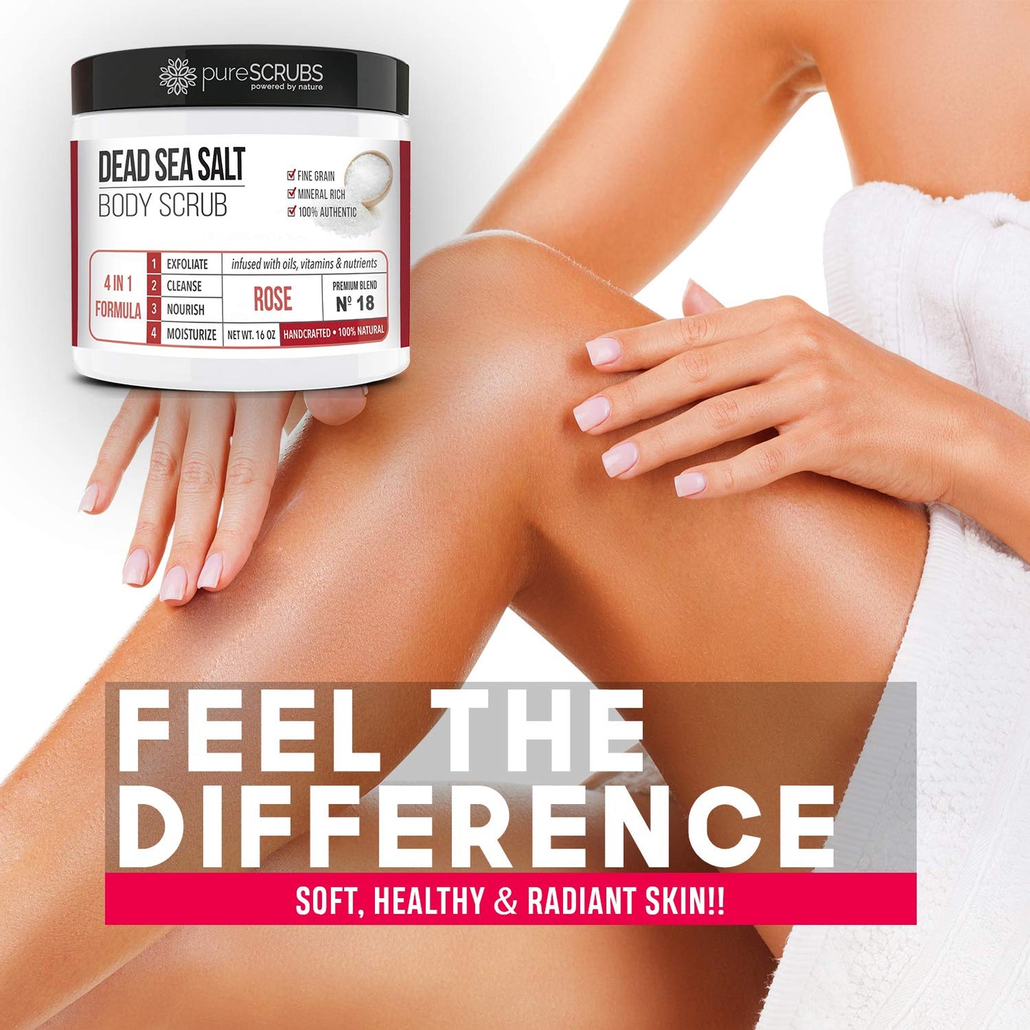 pureSCRUBS Premium Rose Body Scrub Set - Large 16oz Dead Sea Salt Body Scrub With Infused Essential Oils & Nutrients, Includes Wooden Spoon, Loofah & Oatmeal Exfoliating Bar Soap