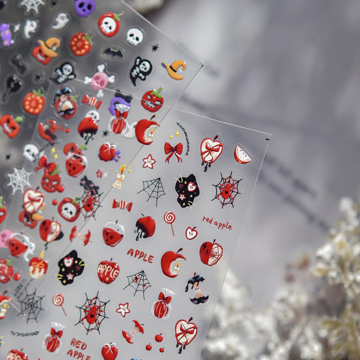 5D Halloween Nail Stickers Red Apple Theme Nail Decals Self-Adhesive Spider Web Gift Candy Browknot Design Thanksgiving Nail for Acrylic Nails DIY Holiday Decoration for Women Kids Party 1 Sheet