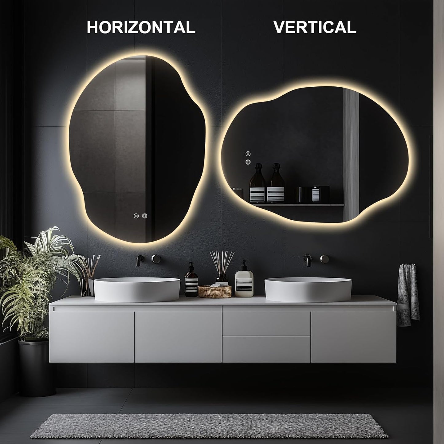 Asymmetrical LED Bathroom Mirror with Lights,Irregular Led Bathroom Vanity Mirror for Wall with Front and Backlit, Anti Fog, 3 Colors and Dimmable Light,[Horizontal/Vertical] 40" H x 30" W
