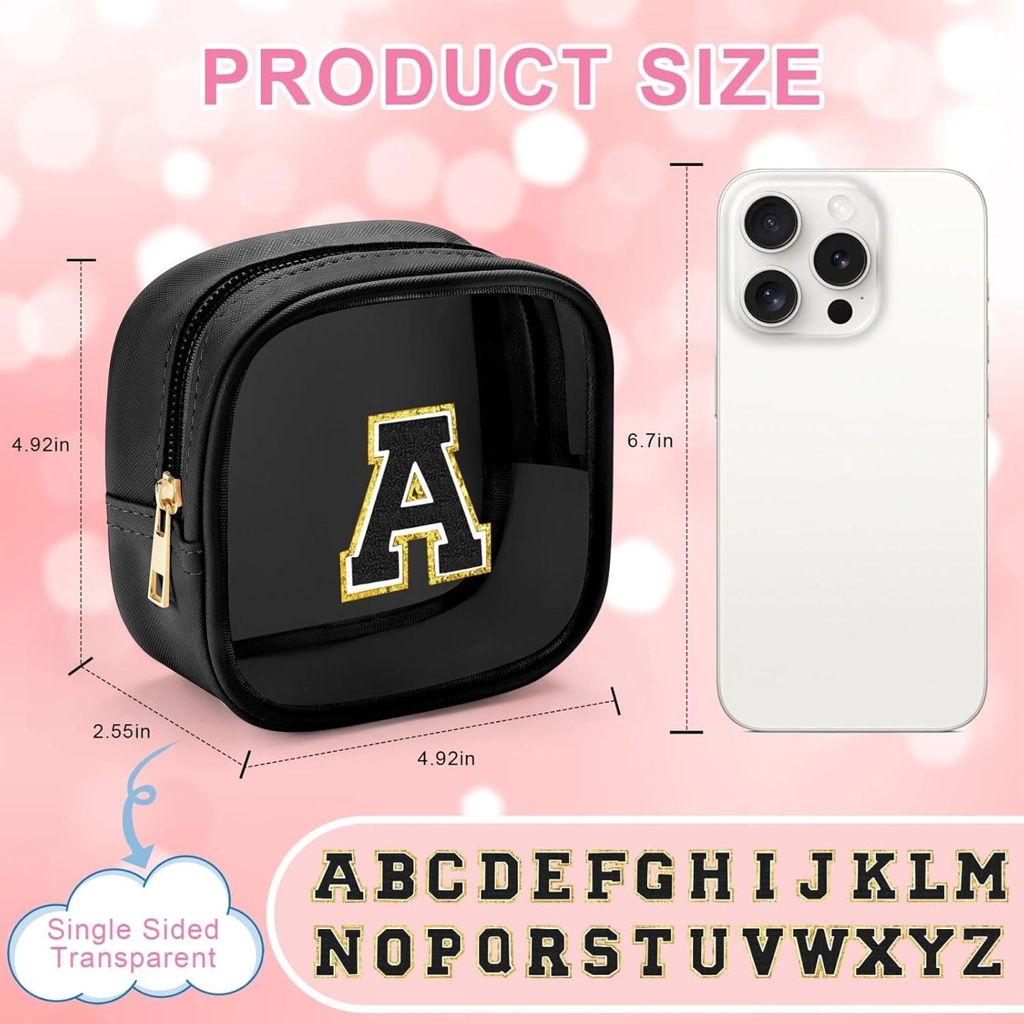 YOOLIFE Initial Makeup Bag Travel Toiletry Bag, Clear Makeup Bag Car Accessories For Women Clear Makeup Bags With Zipper Girlfriend Teacher 7 Year Old Girl Gifts Daughter Gifts Girl Gifts Mini Black C