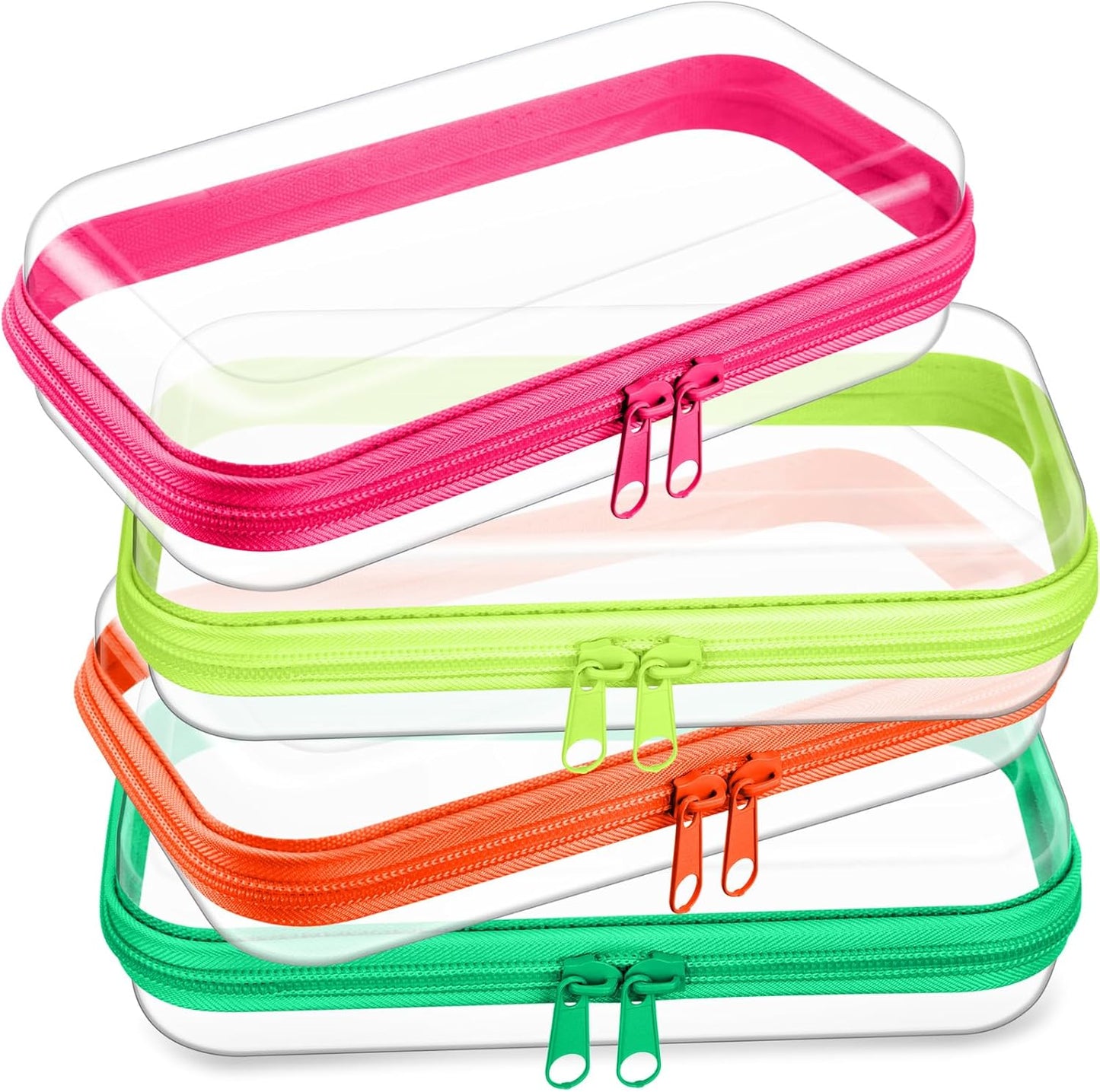 Hoolerry 4 Pcs Hard Clear Zipper Case Makeup Bags Plastic Pencil Pouch Transparent Storage Box Containers for Cosmetics, Snacks, Building Blocks, Puzzles(Fluorescent,7.5 x 3.9 x 2 in)