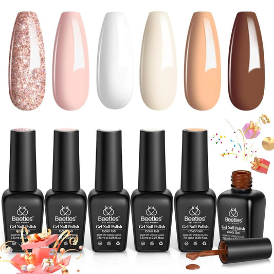 Beetles Fall Gel Nail Polish Set, 6 Colors Nude Brown Pink Milky White Glitter Gel Polish Set Soak Off Uv Led Lamp Manicure Gifts for Women