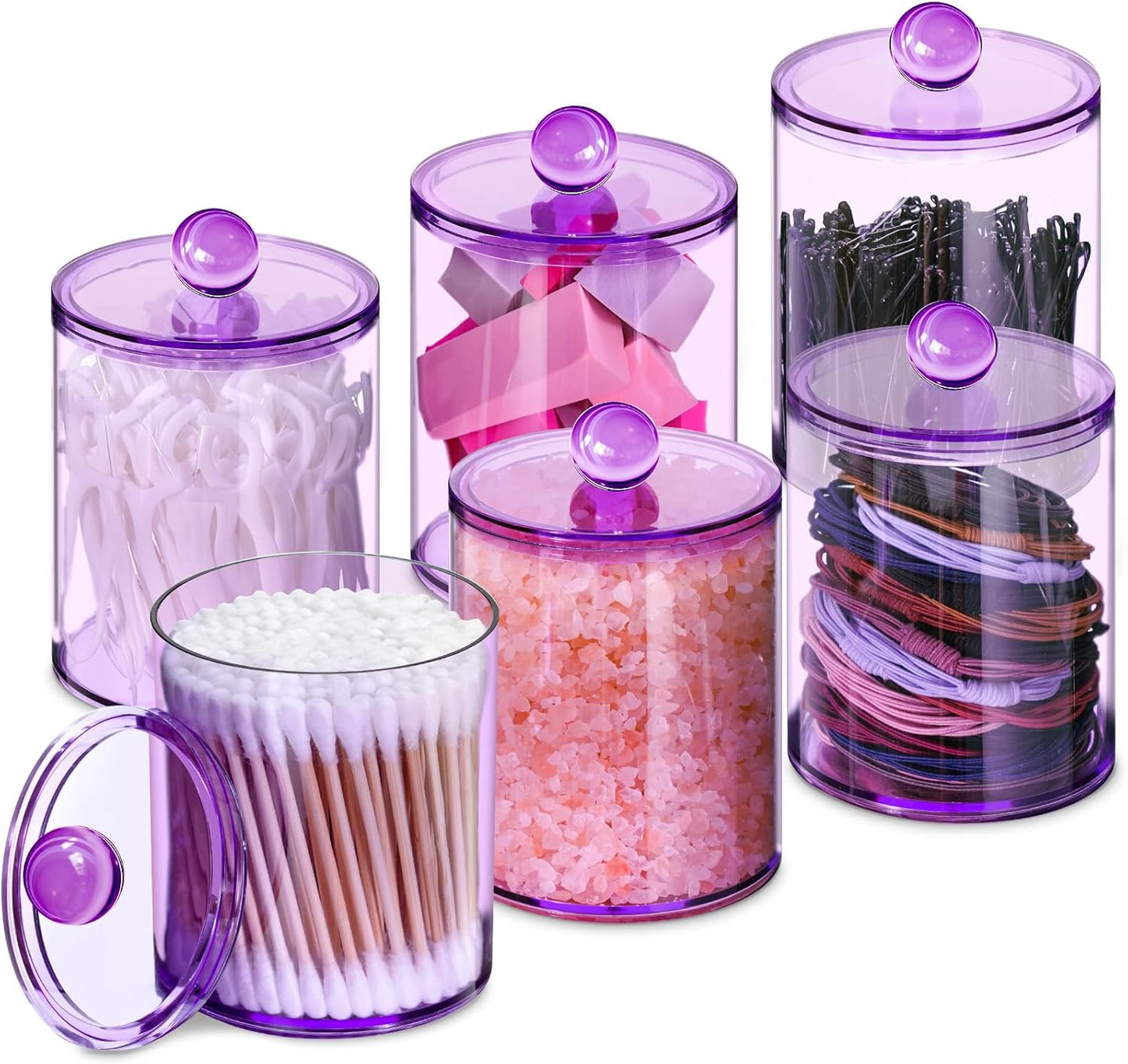 6 Pack Qtip Holder,Canister Apothecary Jar Set, Bathroom Jars with Lids Set for Cotton Swabs, Balls, Pads, Floss Picks,10oz-12oz Plastic Canisters Restroom Bedroom Vanity Organizer(Purple)