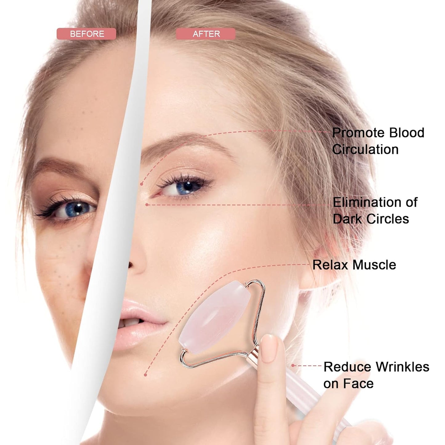 Jade Roller for Face, Facial Roller Massager Skin Care Tool, Gua Sha Facial Tools for Face, Neck, Eyes, Reduce Puffiness of The Skin (APink)