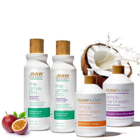 Raw Sugar The Grow Pro Shampoo & Conditioner Set, Simply Hand Wash Duo (4 Products) Anti-Thinning, Pro-Lengthening Hair Care & Moisturizing Hand Soap