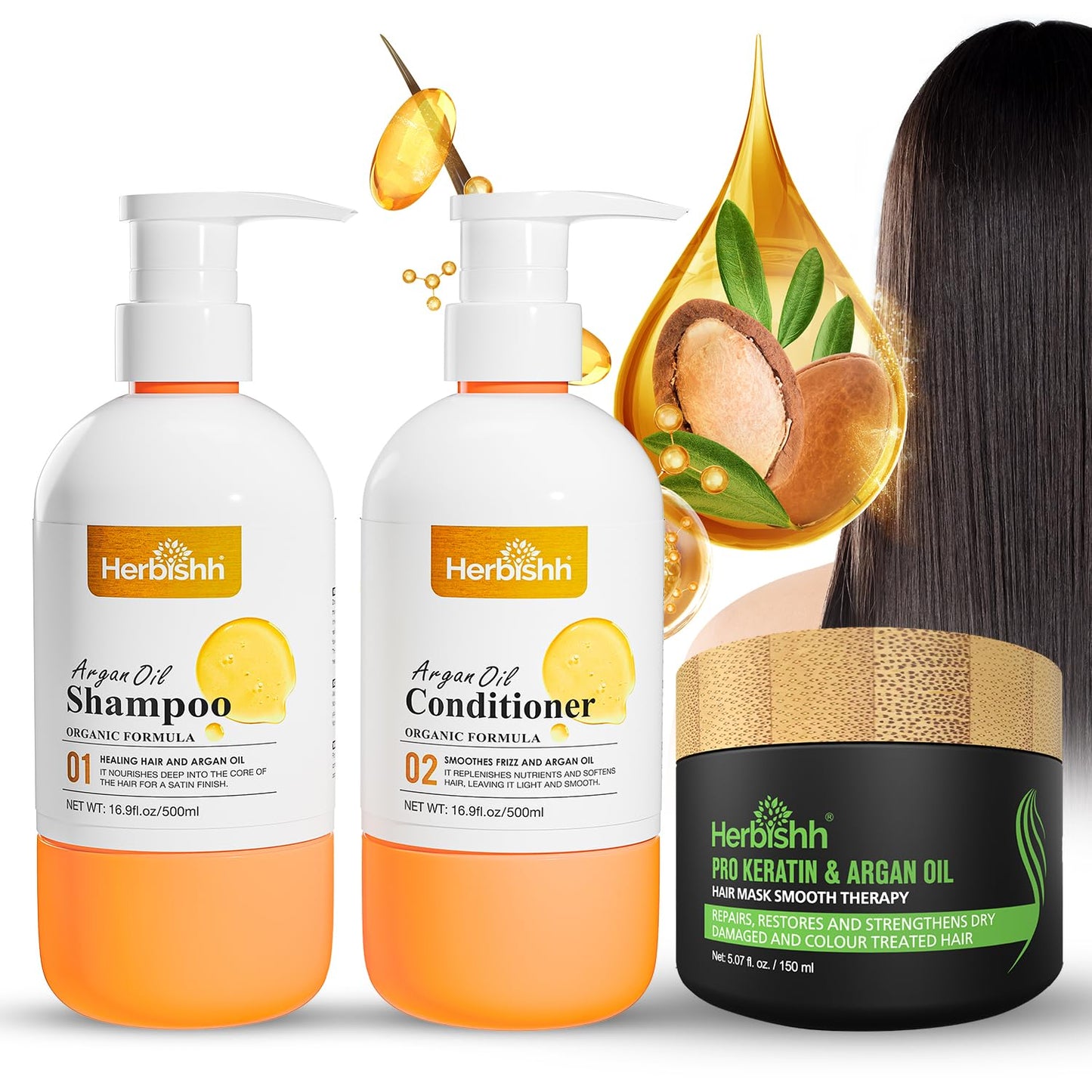 Herbishh Argan Hair Mask (150ml) + Argan Oil Shampoo & Conditioner (16.9 fl.oz Each) Hair Care Set – Deep Cleansing & Hydration, Ideal for Repairing Dry, Frizzy & Colored Hair – Sulfate & Paraben Free