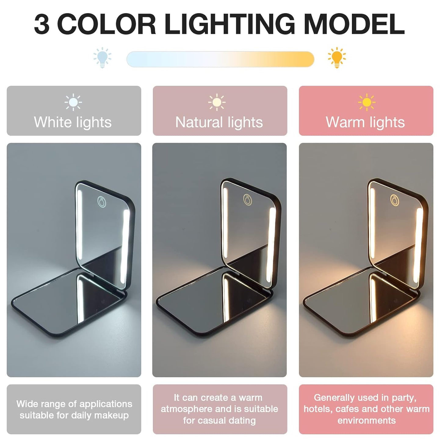 Kintion Rechargeable Pocket Mirror, Double Sided 1X/3X Magnification Compact Vanity Mirror, 3 Color Lights, Dimmable, Small Portable Wallet Mirror, Lighted Travel Mirror for Women Gifts, Black