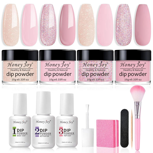Honey Joy Dip Powder Nail Kit Starter, 4 Colors Pink Glitter Fine Dipping Powder Nude Color Kit with Base Top Coat Activator for Nail Art Manicure Salon DIY No LED Nail Lamp Needed, Dip-7pcs-No.17