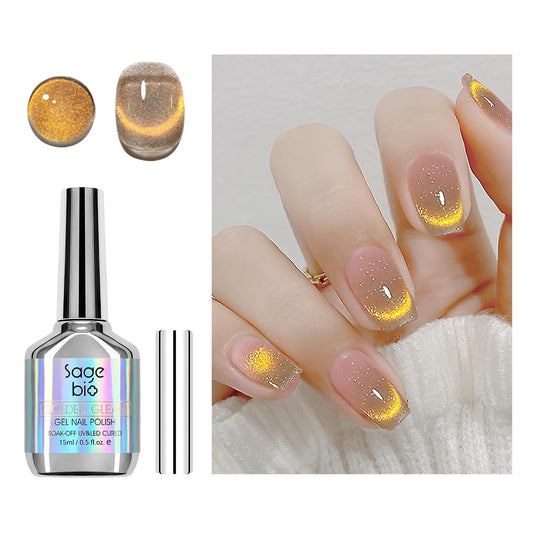Cat Eye Gel Nail Polish with Magnet Stick, 15ml Glitter Holographic Nail Polish, Magnetic Effect Gel for Home DIY Manicure Gift, Champagne Gold
