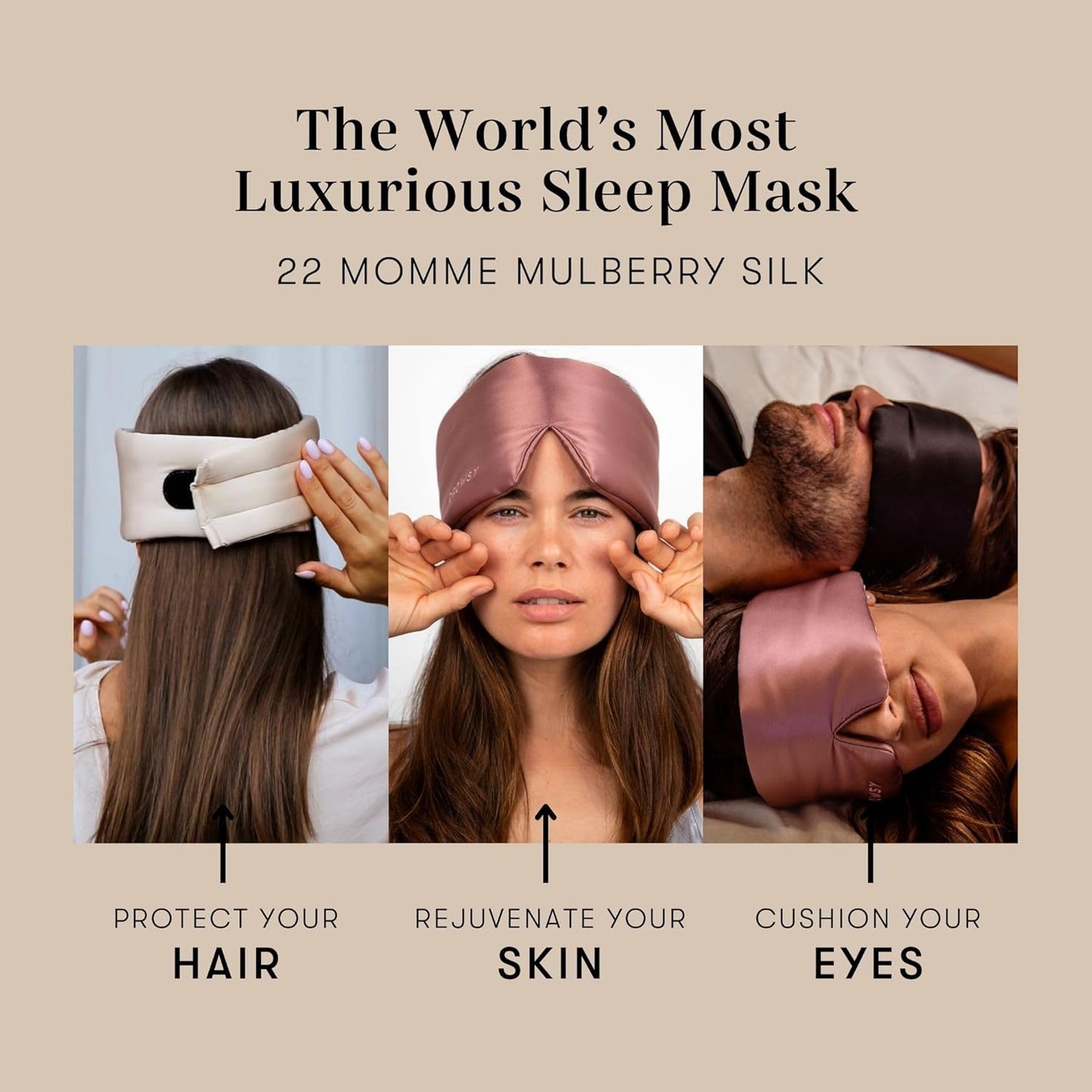 DROWSY Silk Sleep Mask. Face-Hugging, Padded Silk Cocoon for Luxury Sleep in Total Darkness. (Dusty Gold)