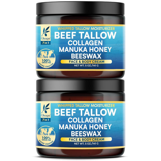 Organic Beef Tallow for Skin, Organic Grass-Fed Beef Tallow Balm with Manuka Honey, Aloe Vera, Jojoba Oil, Collagen & Beeswax, Olive Oil, Moisturizer for Dry Skin, Nourishes Face, Body & Lips (2 Pack)