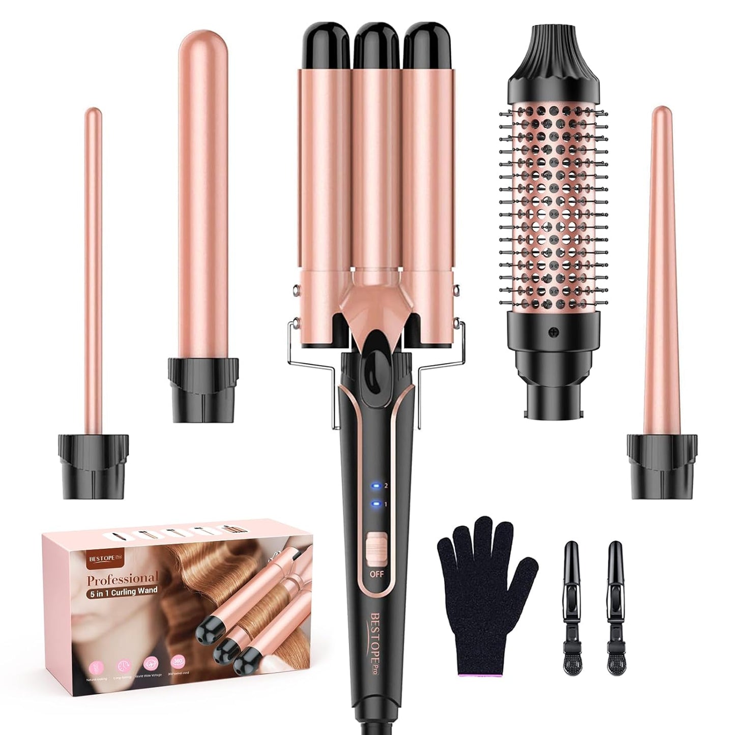 BESTOPE PRO 5 in 1 Curling Iron, Curling Wand Set with Negative Ion Thermal Brush and 4 Interchangeable Ceramic Curling Irons (0.35“-1.5”), Fast Heating Crimper Hair Tool in All Hair Type, Women Gifts