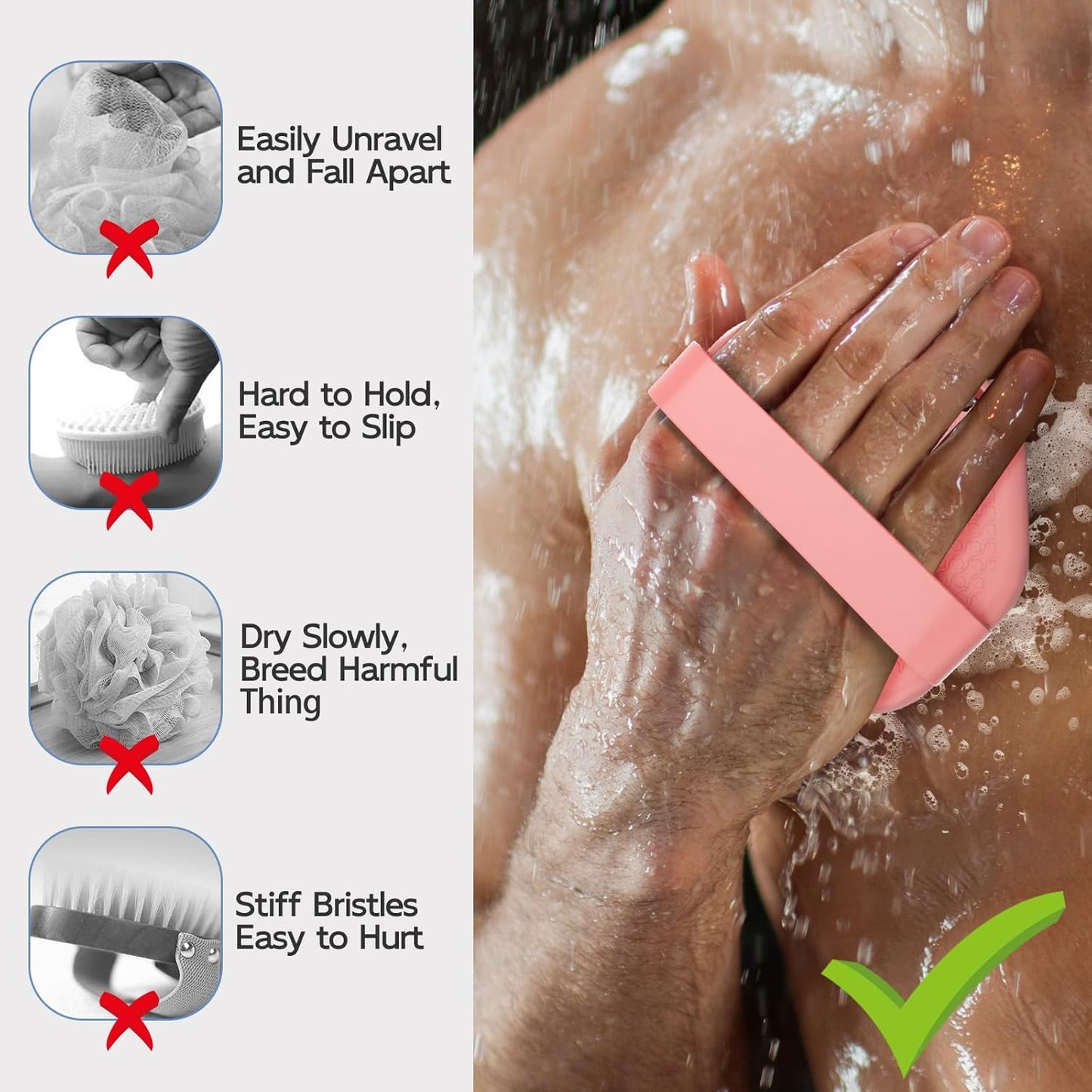 Silicone Body Scrubber, Exfoliating Body Wash Scrubbers Exfoliator, Shower Body Brush for Effective Showering Exfoliation and Gentle Massage (Pink)