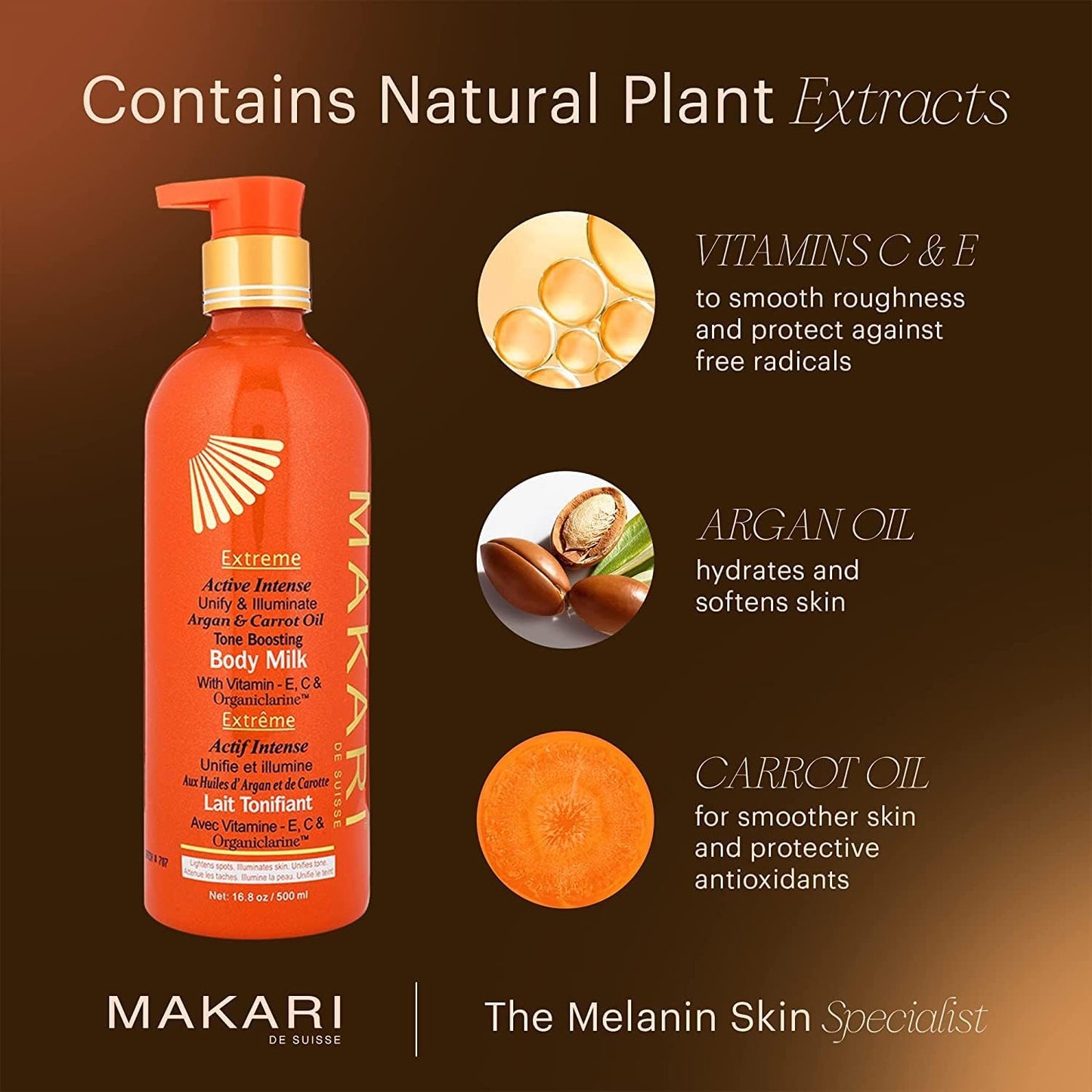 Makari Extreme Active Intense Carrot & Argan Oil Body Milk (16.8 oz) | Unify & Illuminate | Tone-Boosting Body Lotion with Vitamins E and C | Helps Brighten Skin Tone | Promotes Even Complexion