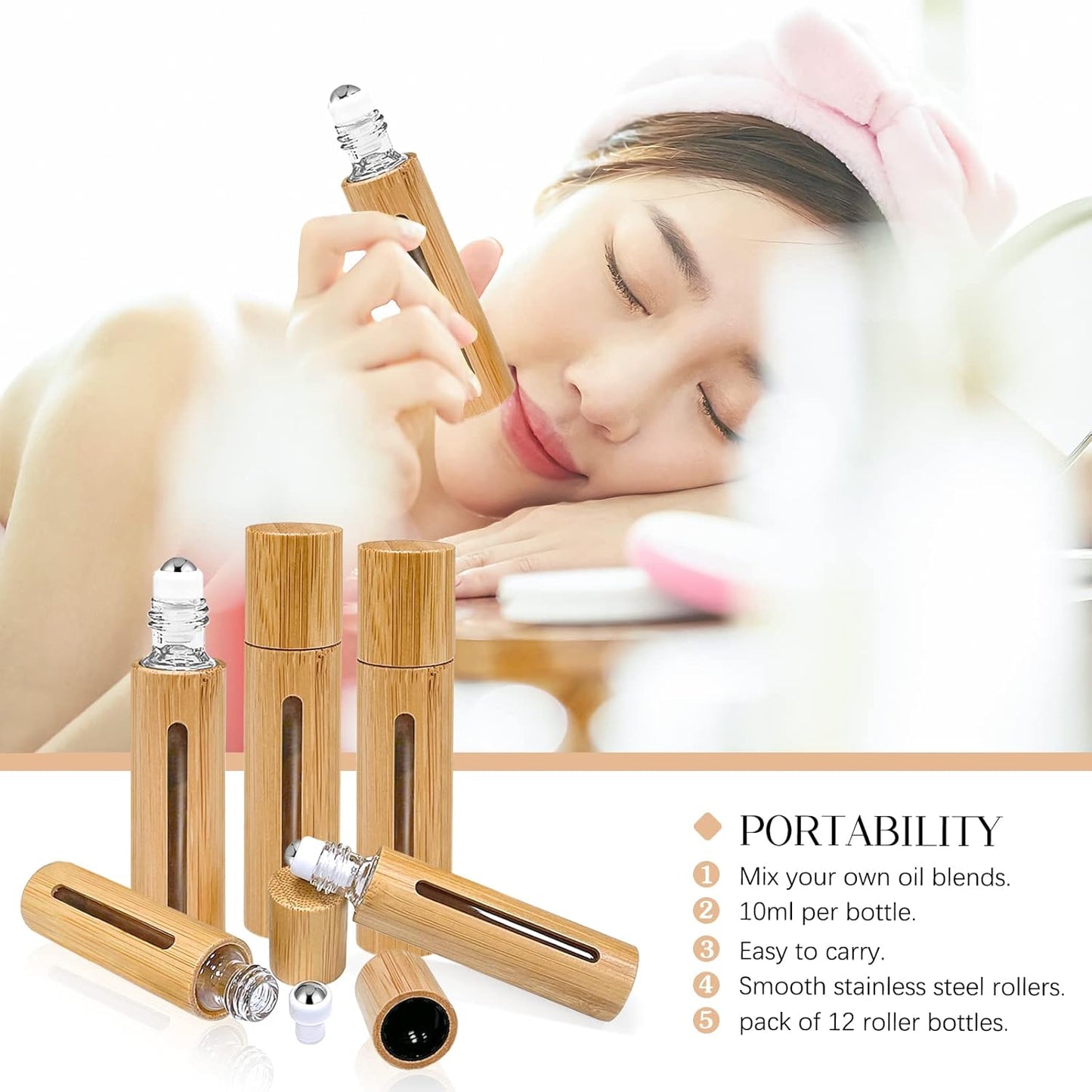 12Pcs 10ml Roller Bottles Balls for Essential Oils, Roll on Bottles with Bamboo Shell Clear Glass Inner, Portable Refillable Perfume Sample Bottle with Stainless Steel Ball