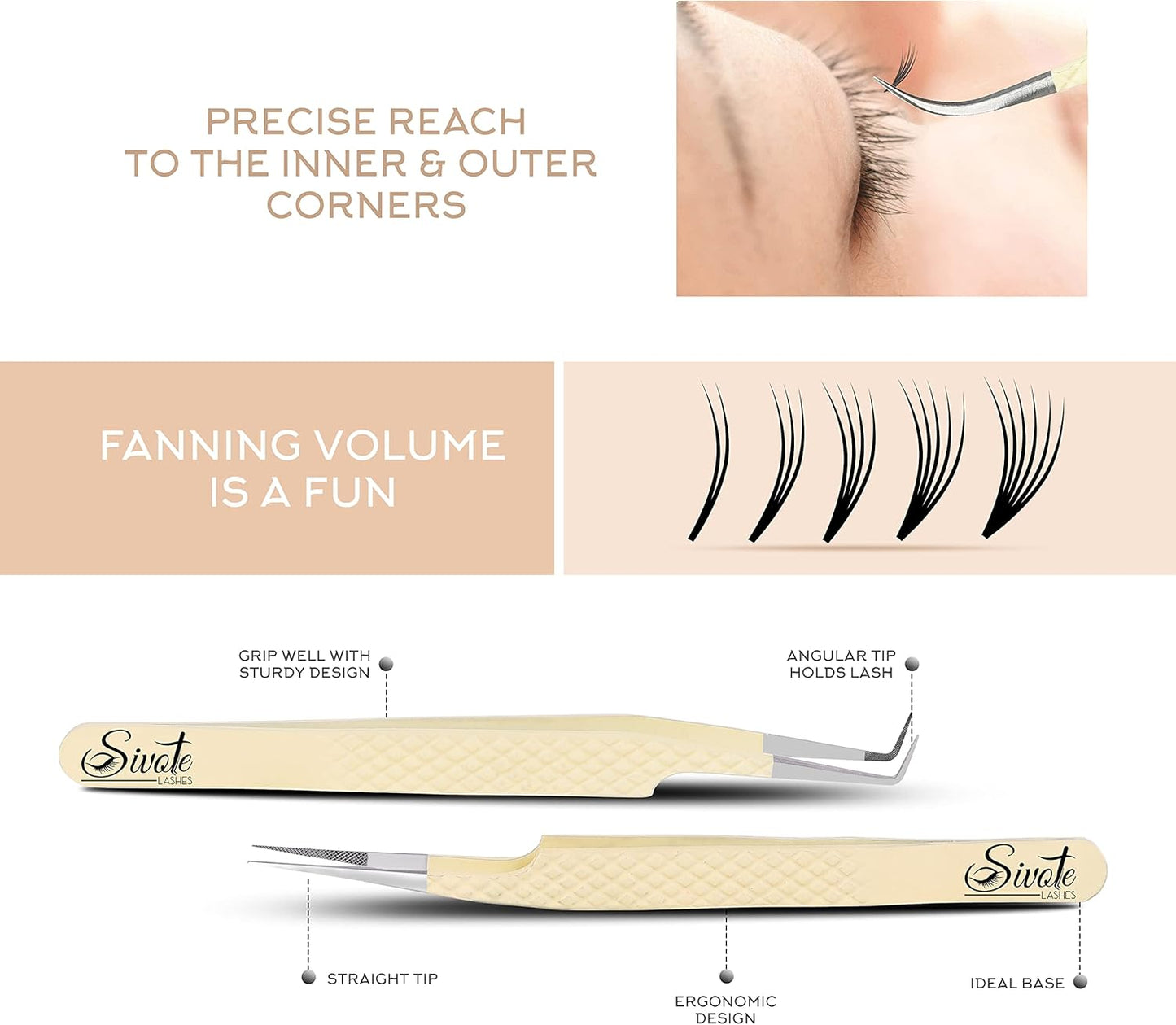 SIVOTE Fiber Tips Lash Tweezers for Eyelash Extensions, Set of 4, Curved, Dolphin, 90 Degree & 45 Degree Tweezer, Vanilla