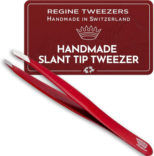 Slant Tweezer - Handmade in Switzerland - Professional Eyebrow & Facial Hair Remover - Etched Interior Grabs Hair from The Root - Perfectly Aligned Tips - Stainless Steel, Red