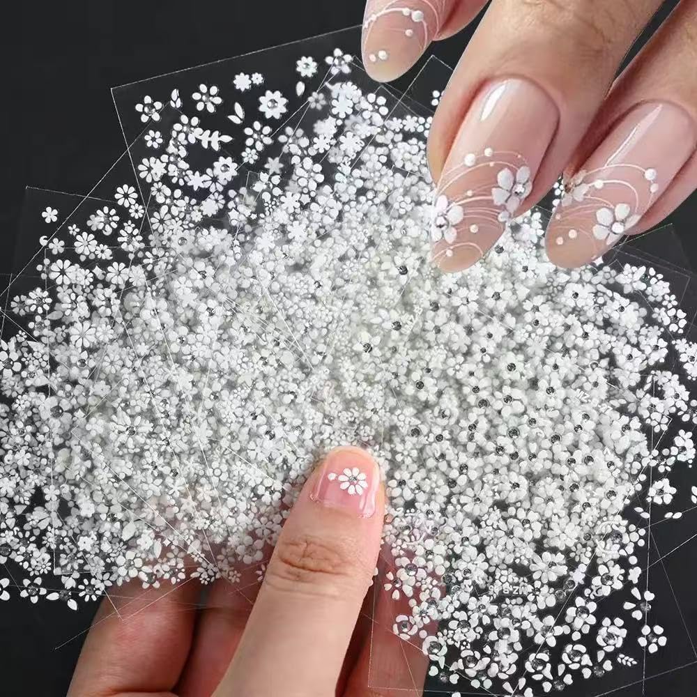 White Flower Nail Art Stickers White Flower with Rhinestones Nail Decals 3D Self Adhesive Nail Stickers Nail Art Designs Flowers Sticker for Nails Decorations 30 Sheets